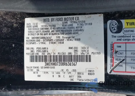 2008 Mercury Milan I4 из США, поврежденный, VIN 3MEHM07Z08R636567